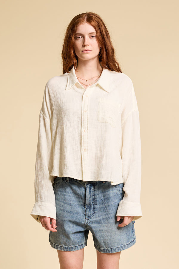 Denimist Cropped Button Front Shirt Ecru Gauze