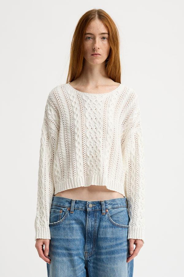 Denimist Cropped Relaxed Cable Sweater White