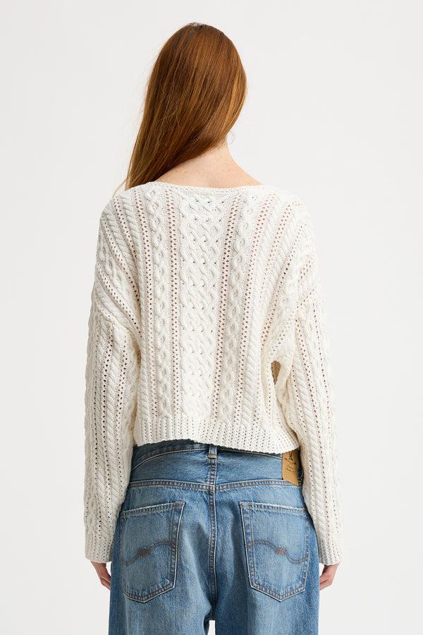 Denimist Cropped Relaxed Cable Sweater White