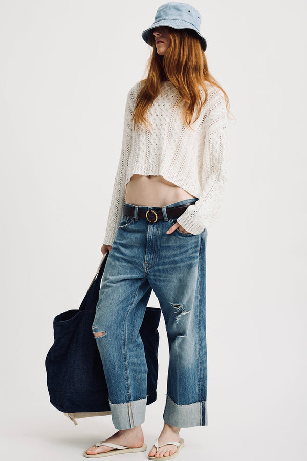 denimist Cropped Relaxed Cable Sweater White