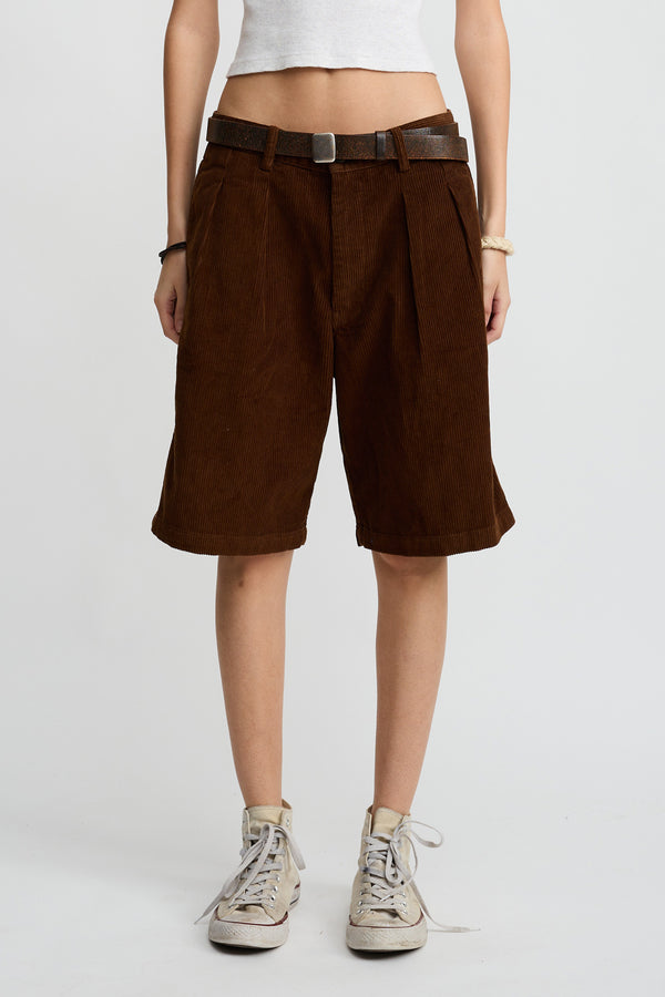 Denimist Double Pleat Long Short Brown Corduroy