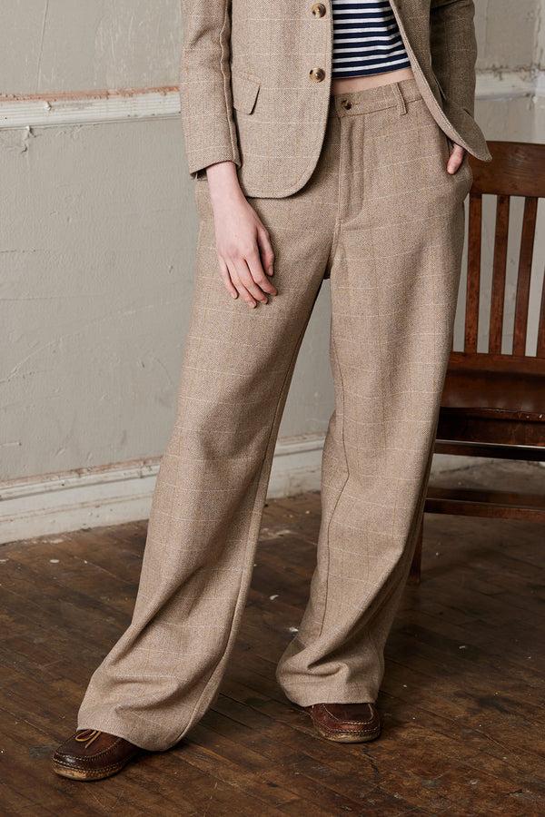 denimist Flat Front Wide Leg Pant Tan Herringbone