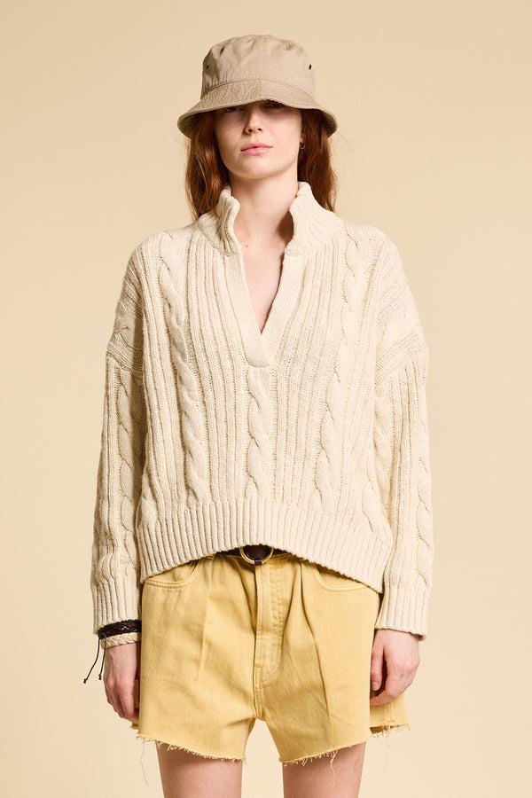 Denimist Split Neck Cable Sweater Ecru Slub