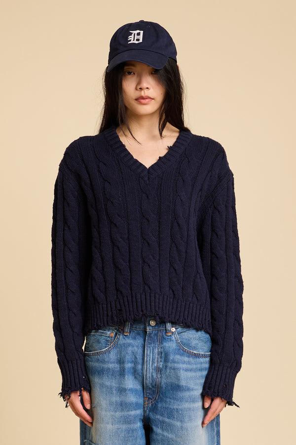 Denimist V Neck Cable Sweater Navy