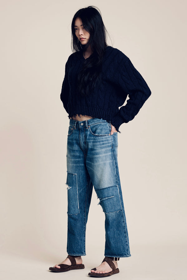 denimist V Neck Cable Sweater Navy