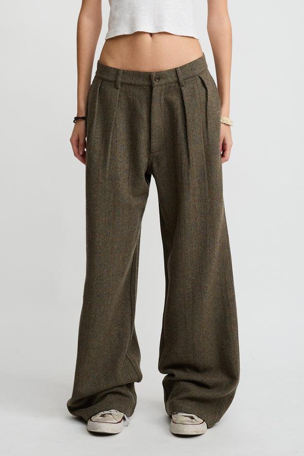 Denimist Double Pleat Wide Leg Pant Olive Herringbone