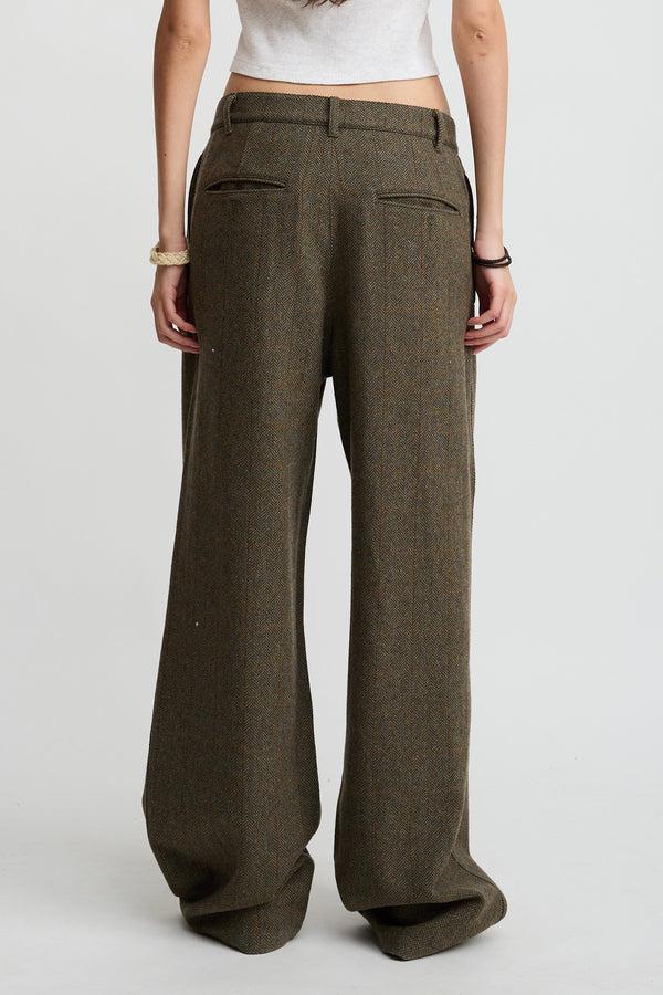 Denimist Double Pleat Wide Leg Pant Olive Herringbone