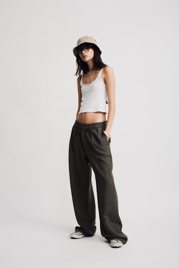 Denimist Double Pleat Wide Leg Pant Olive Herringbone