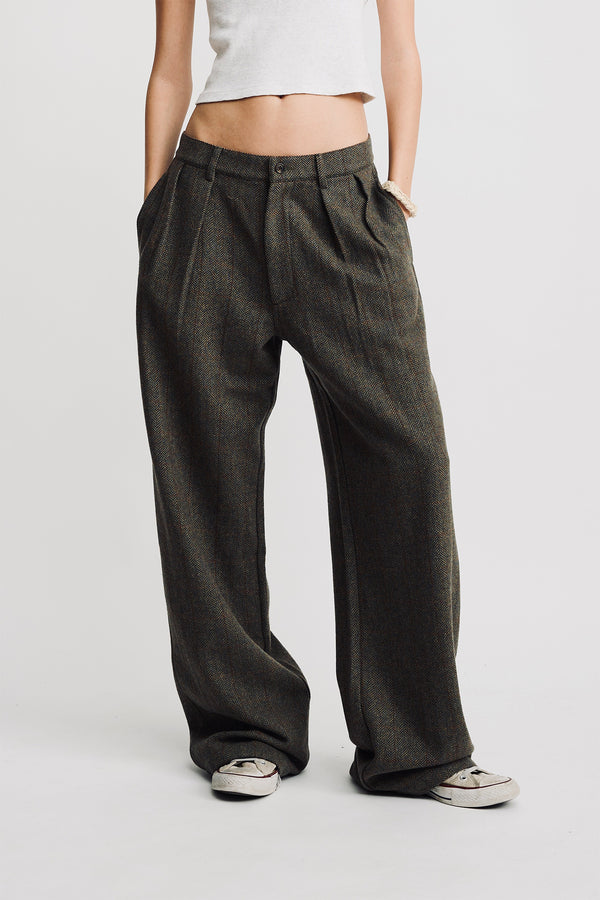 denimist Double Pleat Wide Leg Pant Olive Herringbone