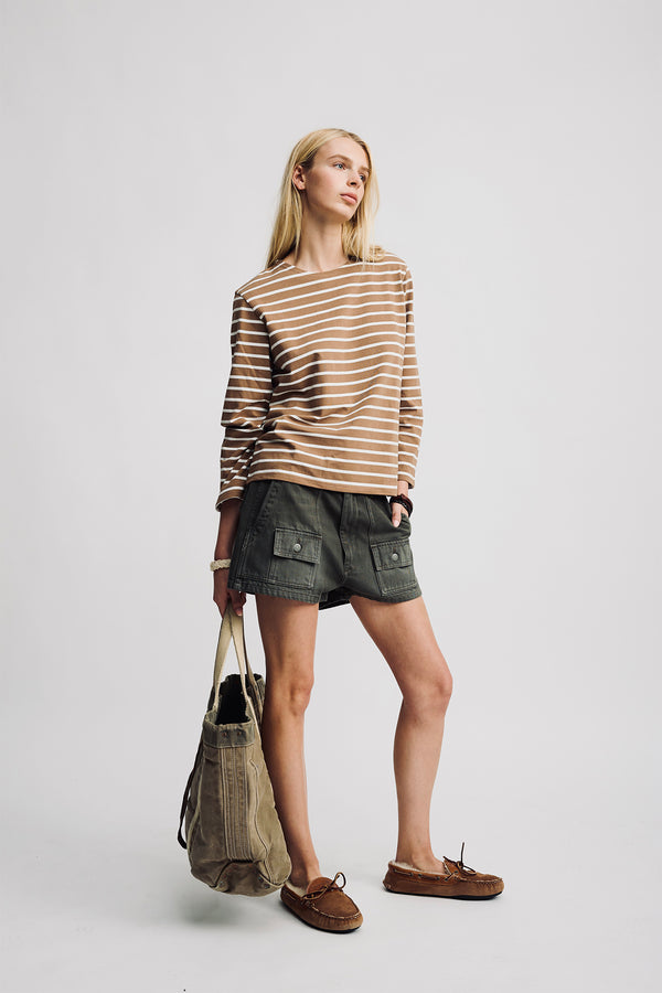Denimist Long Sleeved Boatneck Tee Light Brown With White Stripe