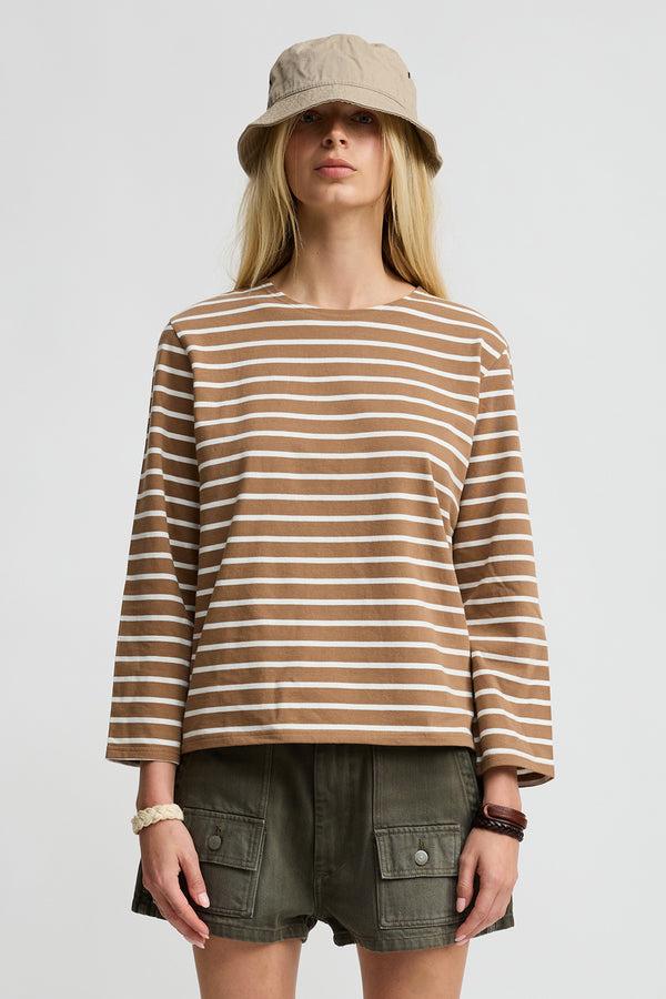 Denimist Long Sleeved Boatneck Tee Light Brown With White Stripe