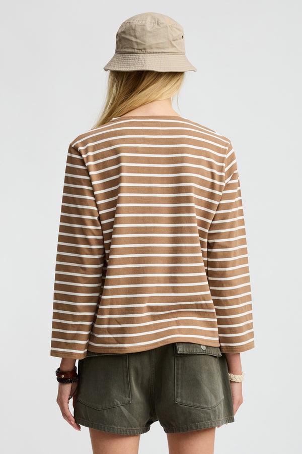 Denimist Long Sleeved Boatneck Tee Light Brown With White Stripe