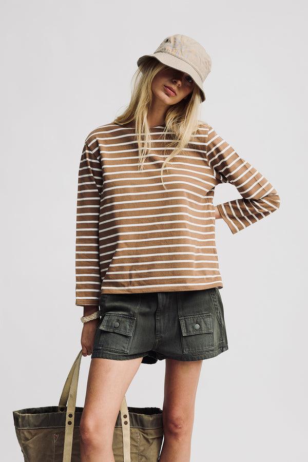 denimist Long Sleeved Boatneck Tee Light Brown With White Stripe