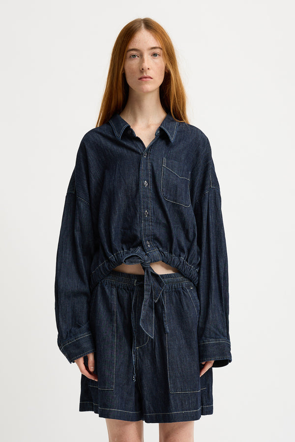 Denimist Long Sleeved Front Tie Shirt Drapey Rinse Indigo