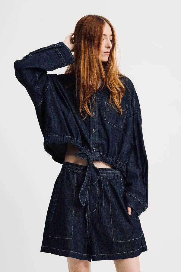 denimist Long Sleeved Front Tie Shirt Drapey Rinse Indigo