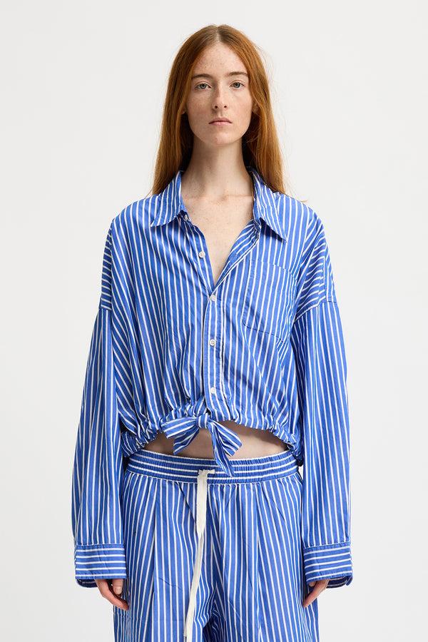 Denimist Long Sleeved Front Tie Shirt Medium Blue Wide Stripe