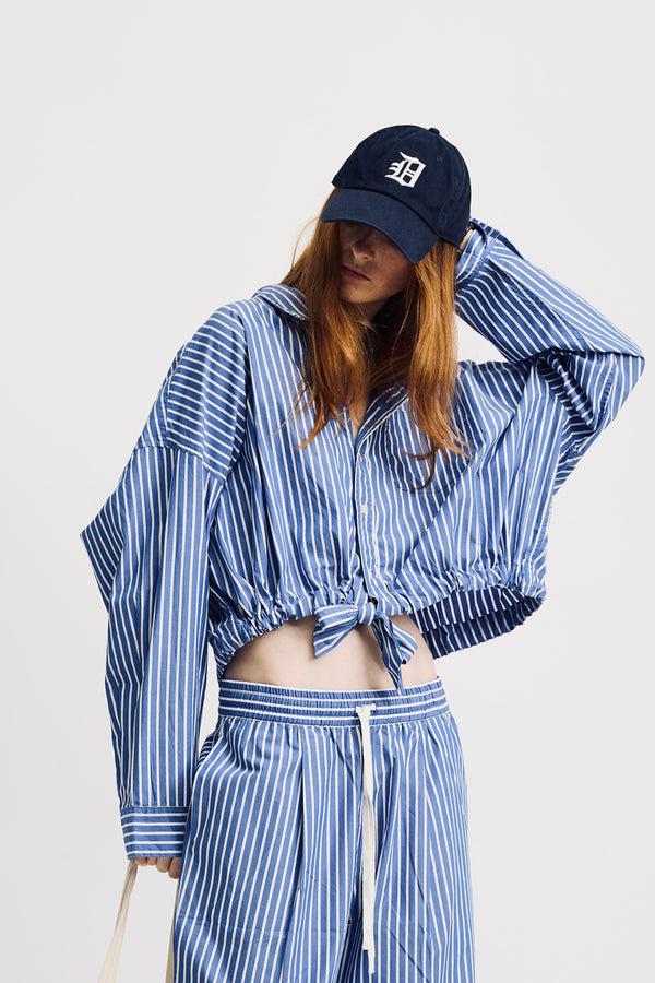 denimist Long Sleeved Front Tie Shirt Medium Blue Wide Stripe