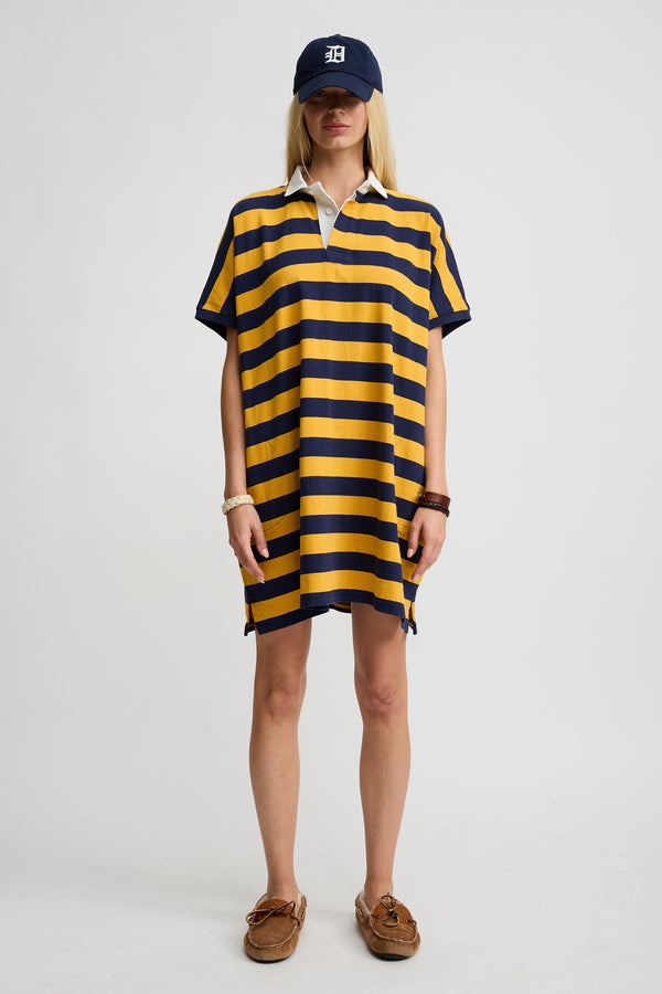 Denimist Rugby Tshirt Dress Yellow/Navy Wide Stripe