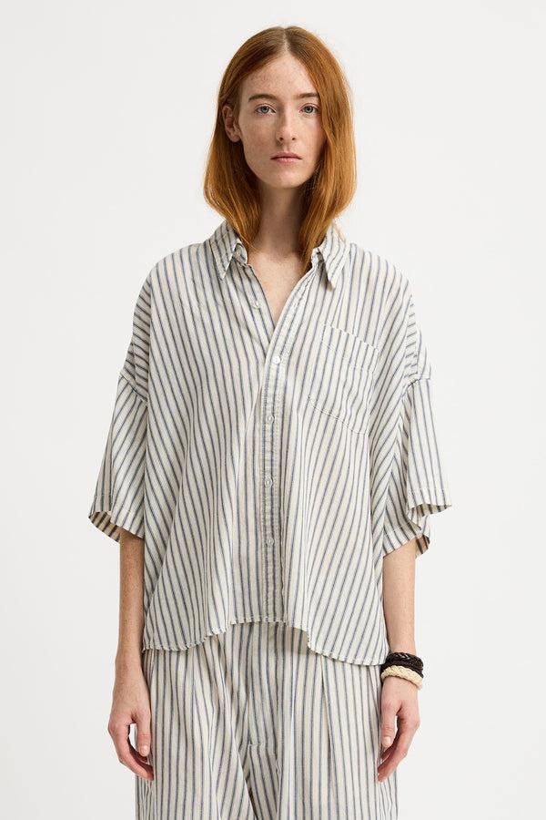 Denimist Short Sleeve Button Down Shirt Blue Ticking Stripe