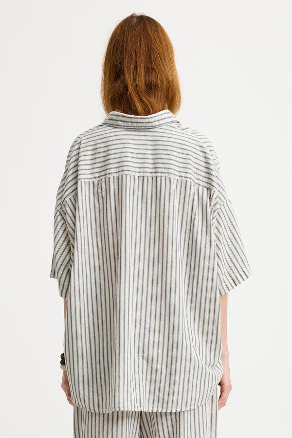 Denimist Short Sleeve Button Down Shirt Blue Ticking Stripe