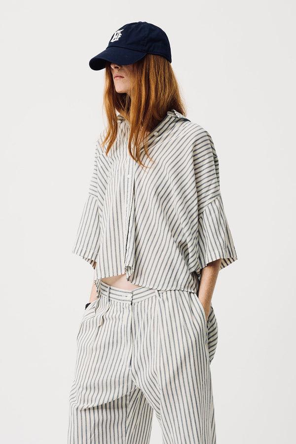 Denimist Short Sleeve Button Down Shirt Blue Ticking Stripe