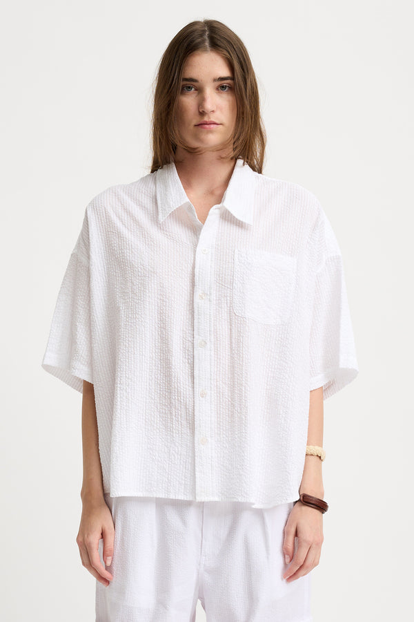 Denimist Short Sleeve Button Down Shirt White Seersucker
