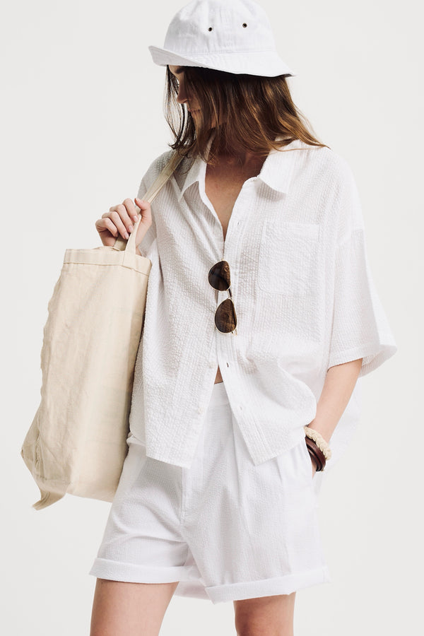 denimist Short Sleeve Button Down Shirt White Seersucker