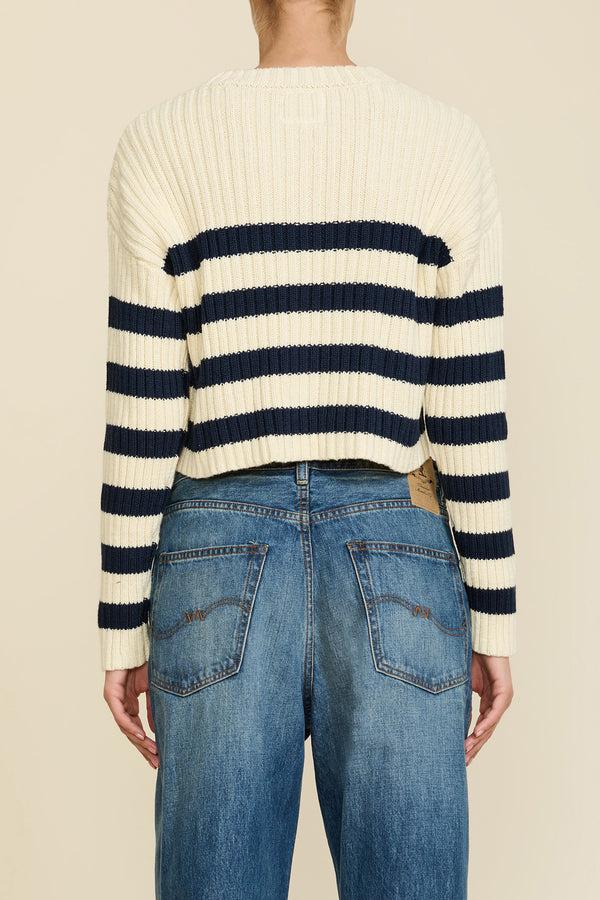 Denimist Striped Ribbed Cropped Sweater Ecru W/ Navy