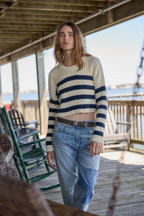 denimist Striped Ribbed Cropped Sweater Ecru w/ Navy