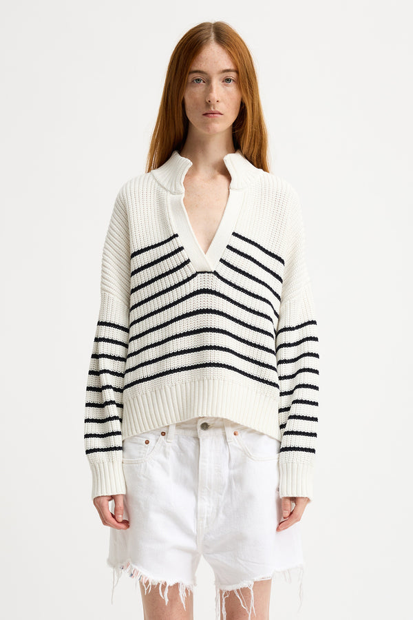 Denimist Striped Split Neck Sweater White With Thin Navy Stripe