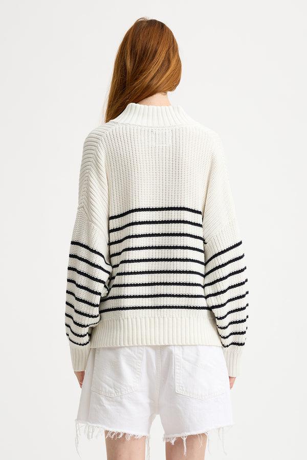 Denimist Striped Split Neck Sweater White With Thin Navy Stripe