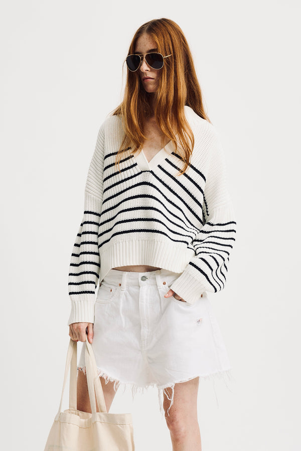denimist Striped Split Neck Sweater White With Thin Navy Stripe
