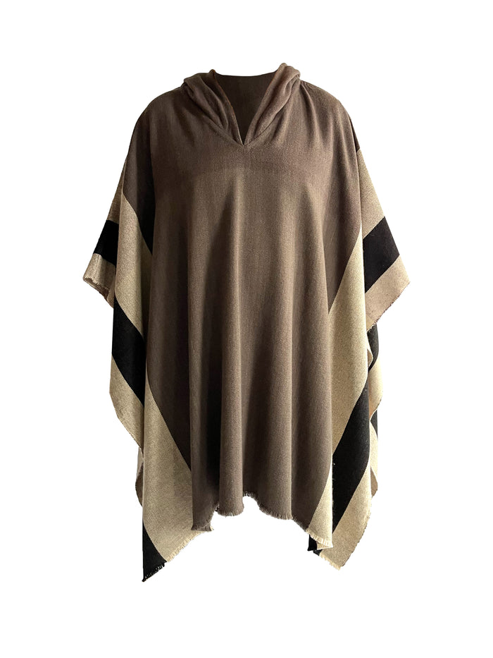 Denis Colomb Assymmetric Hooded Poncho/ Unisex Burnt Tea Leaf + Dark Fig + Black + Sand + Beige