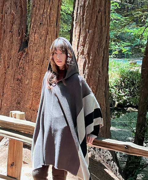 Denis Colomb Assymmetric Hooded Poncho/ Unisex Burnt Tea Leaf + Dark Fig + Black + Sand + Beige