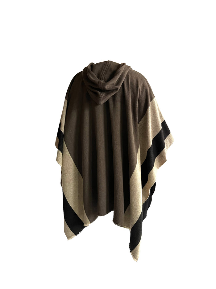 Denis Colomb Assymmetric Hooded Poncho/ Unisex Burnt Tea Leaf + Dark Fig + Black + Sand + Beige