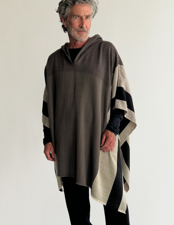 denis colomb Assymmetric Hooded Poncho/ Unisex Burnt Tea Leaf + Dark Fig + Black + Sand + Beige