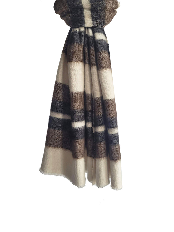 Denis Colomb Dolpo Stripe Shawl White+Black+Natural Brown