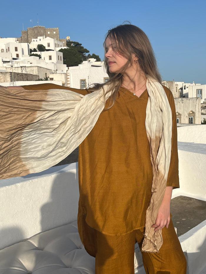 Denis Colomb Froisse Silk Dip Dye Shawl White + Sesame