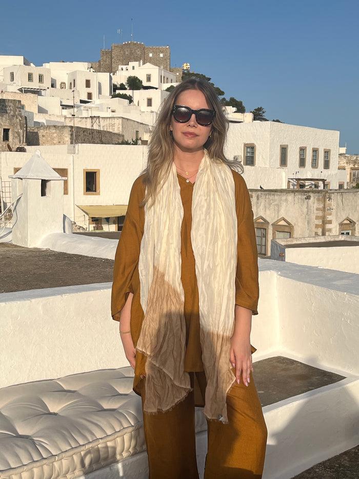 denis colomb Froisse Silk Dip Dye Shawl White + Sesame