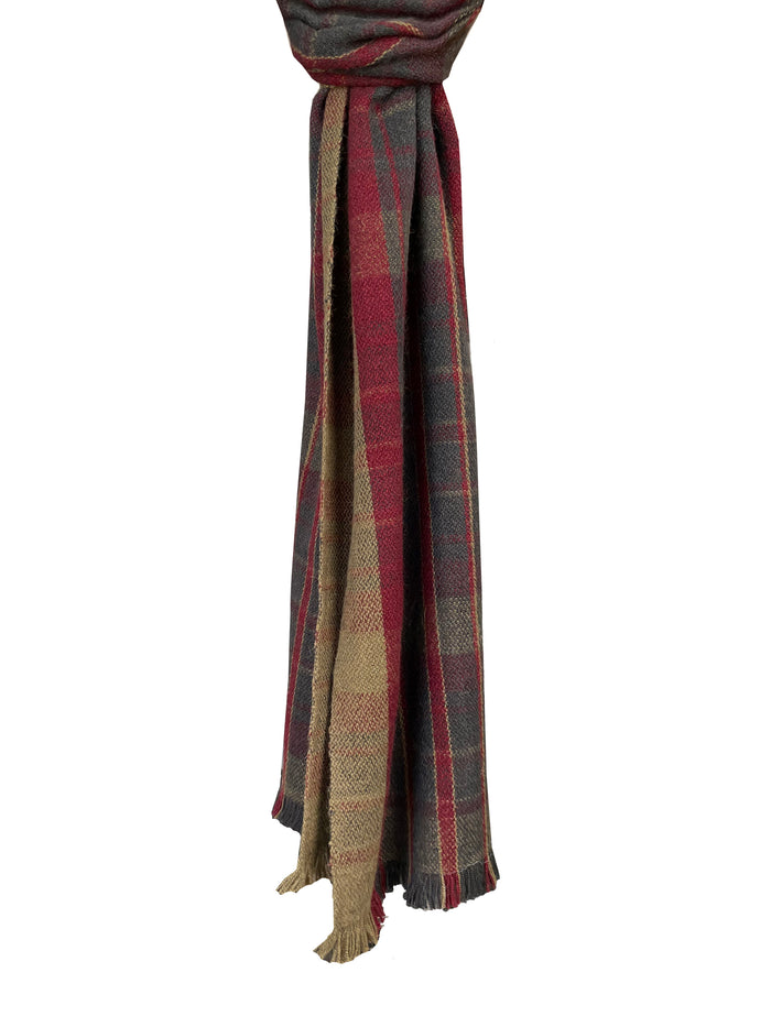 Denis Colomb Gobi Plaid Scarf Dark Khaki Brown+Tibetan Red Monk+Charcoal