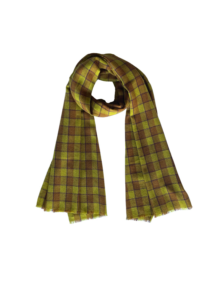 Denis Colomb Himalaya Checks Stole Anis + Dark Golden Brown + Fig