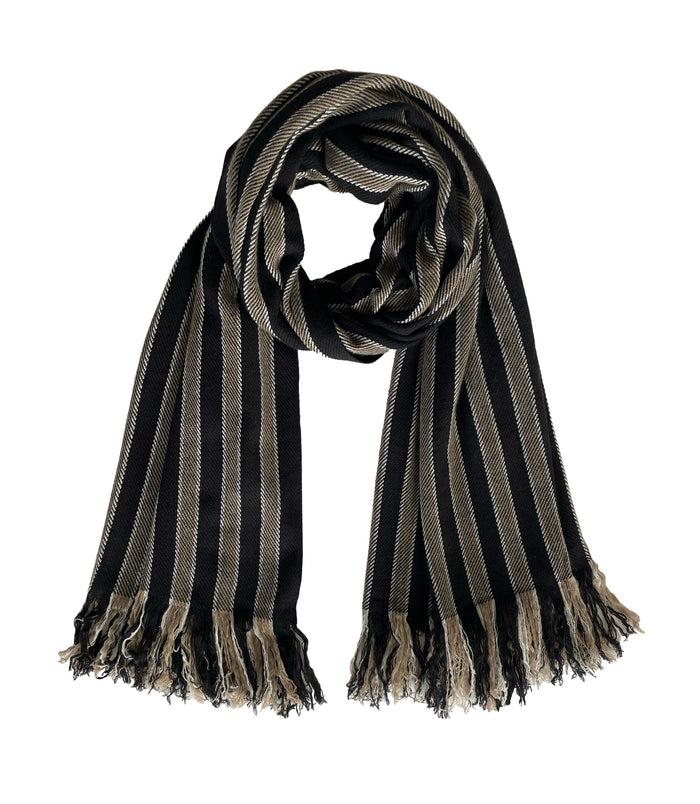 Denis Colomb Himalaya Stripe With Fringe Stole Black + Mocha + White Line