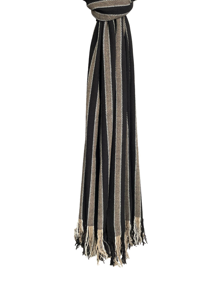 Denis Colomb Himalaya Stripe With Fringe Stole Black + Mocha + White Line