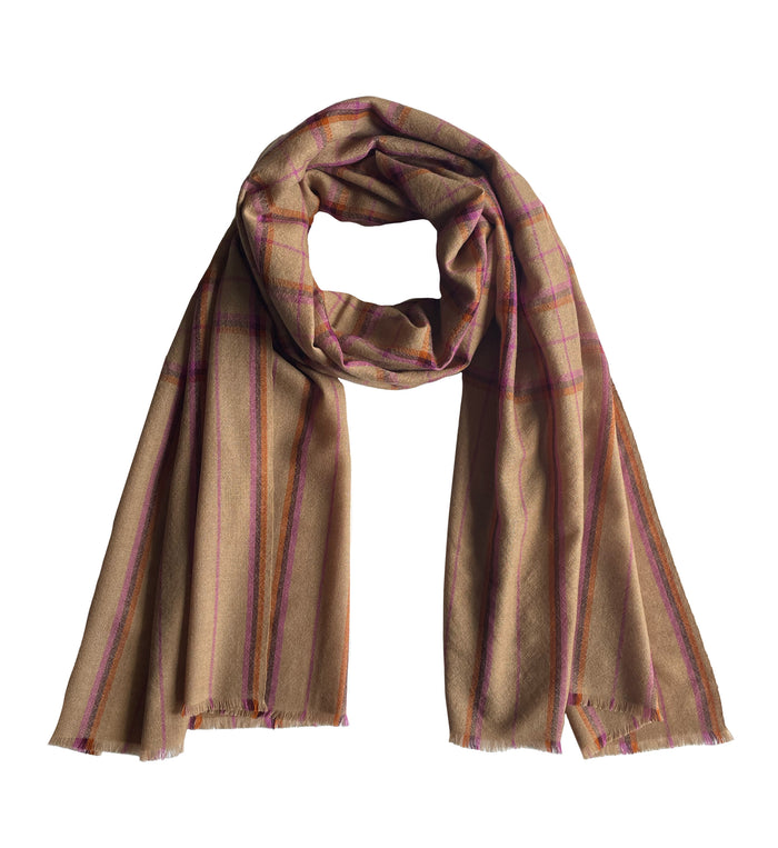 Denis Colomb Kita Plaid Stole Camel + Tibetan Orange + Dark Crush Violet + Mauve Pink