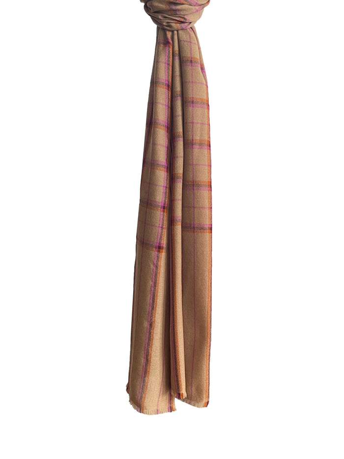 Denis Colomb Kita Plaid Stole Camel + Tibetan Orange + Dark Crush Violet + Mauve Pink