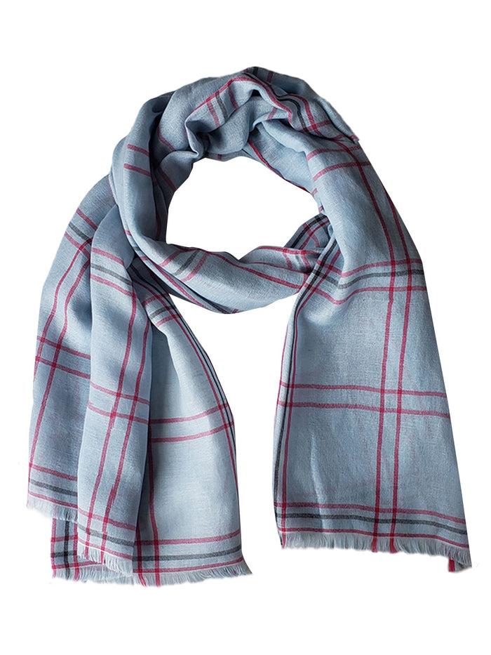 Denis Colomb Mandalay Plaid Stole Pale Blue + Ruby + Burma Teak