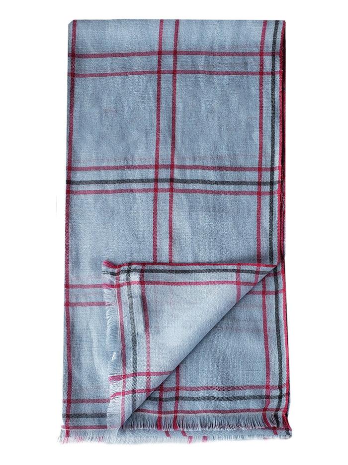 denis colomb Mandalay Plaid Stole Pale Blue + Ruby + Burma Teak