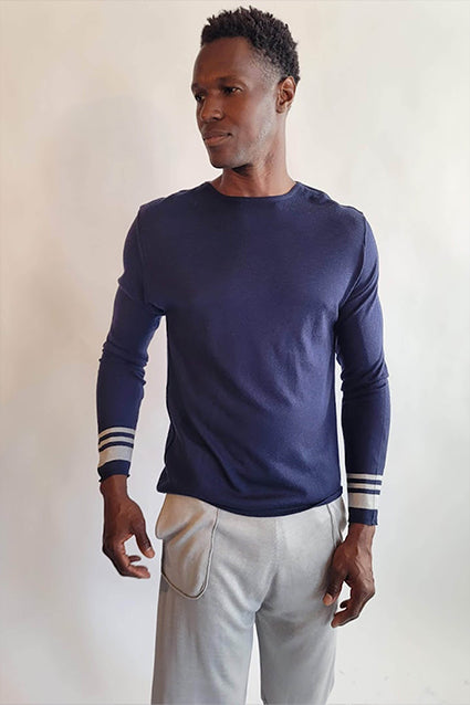 Denis Colomb Men's Crewneck Long Sleeve W/Stripes Midnight Blue+Pearl Grey Stripe