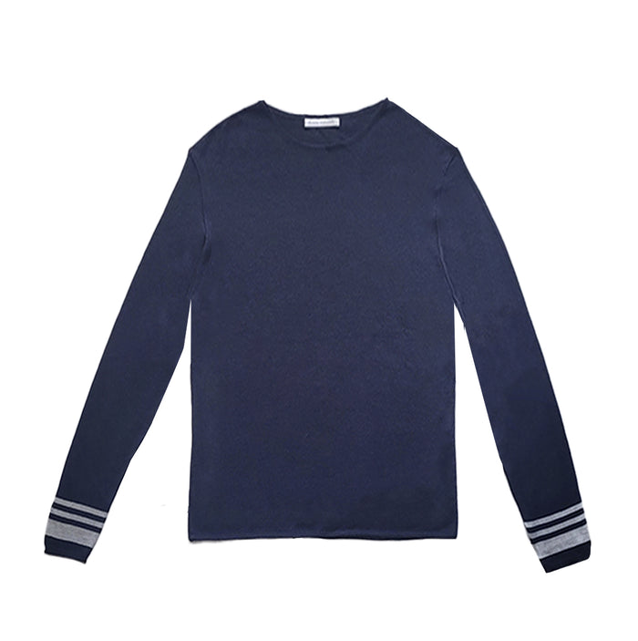 Denis Colomb Men's Crewneck Long Sleeve W/Stripes Midnight Blue+Pearl Grey Stripe