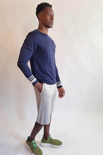 Denis Colomb Men's Crewneck Long Sleeve W/Stripes Midnight Blue+Pearl Grey Stripe